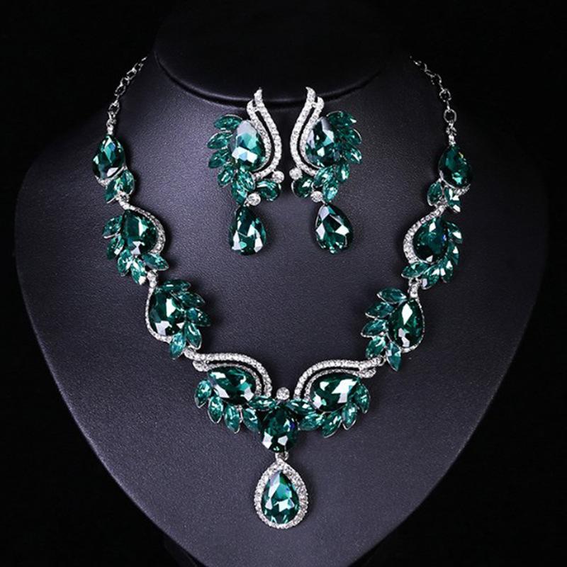 Chokers Bridal Jewelry Sets Green Champagne Rhinestone Gemstone Necklace Earring Set European Fashion Wedding Party 2021