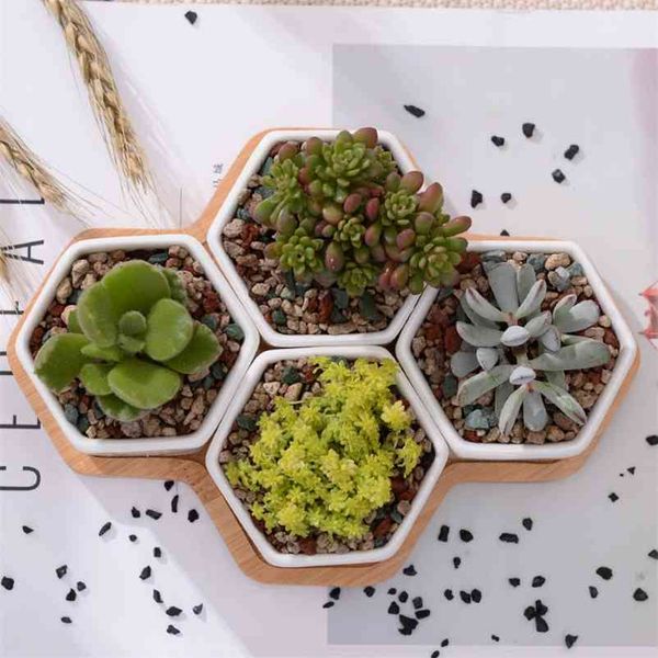 4pcs Hexagon Flowerpots White Ceramic Succulent Plant Pot with Bamboo Stand Small Bonsai Pots Green Planters Home Decor 210922