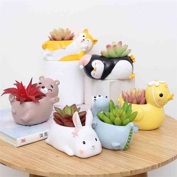 Creative Animal Flower Pot Planter Desktop Decoration Resin Ornaments Vase Home Decor Garden Decorative Pot Succulent Plant Pot 210922