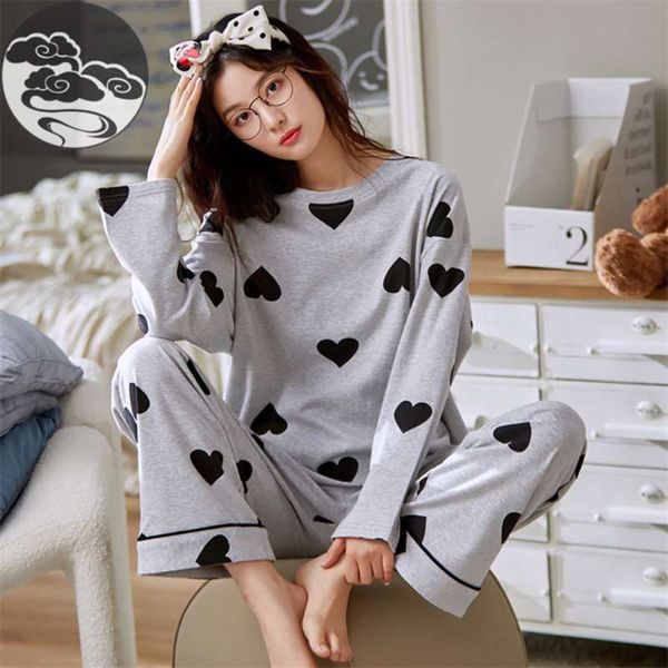 Autumn Sleep Lounge Pajama Long Sleeved Top Polka Dots Women Pajama Sets Cartoon Pyjamas Cotton Sleepwear Women M L XL XXL XXXL 210928