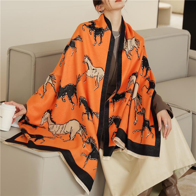 Scarves Animal Horse Cashmere Shawl Scarf Women Print Thick Winter Warm Blanket Hijab Foulard Neckerchief Luxury 2021 Echarpe Wraps