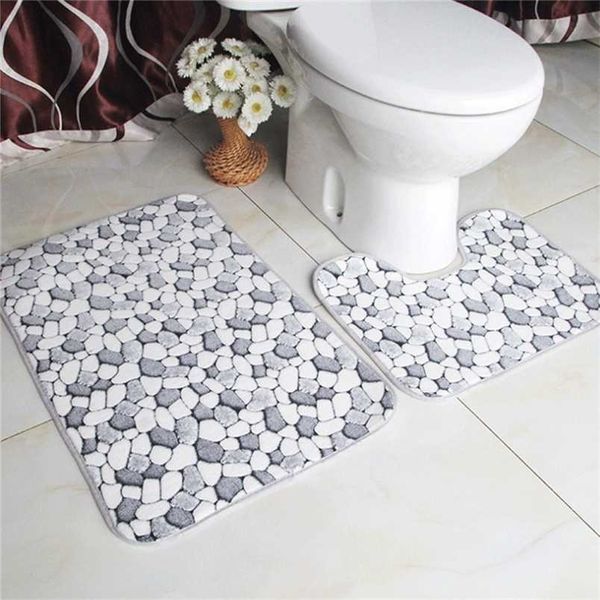 2Pcs-Set Cobblestone Bathroom Mat Set Flannel Anti-Slip Kitchen Bath Mat Carpet Bathroom Toliet Rug Washable Tapete 211130