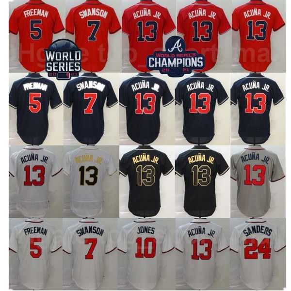 2021 World Series Champions Baseball 13 Ronald Acuna Jr Jersey 5 Freddie Freeman 7 Dansby Swanson 10 Chipper Jones 24 Deion Sanders Stitched