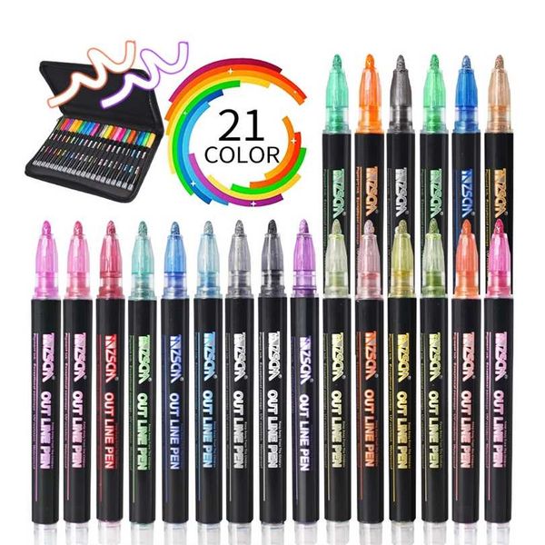12-21 Colors Metallic Markers with Case Paint Outline Pens Gift Card Rock Painting Scrapbook Crafts Metal Birthday Ceramic Glass 211104