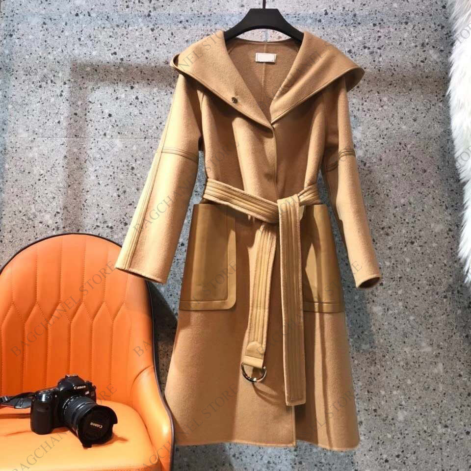women&#039;s wool coat designer Fashion down jacket Outerwear Blends splicing double-sided tweed Hooded Coats winter warm and slim long coates with
