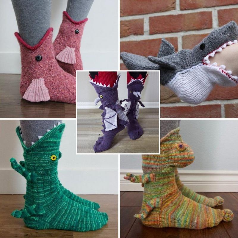 Christmas Decorations Knit Crocodile Socks-Knit Animal Socks Funky Knitting Pattern Whimsical Alligator Cuff Funny Sock Gifts