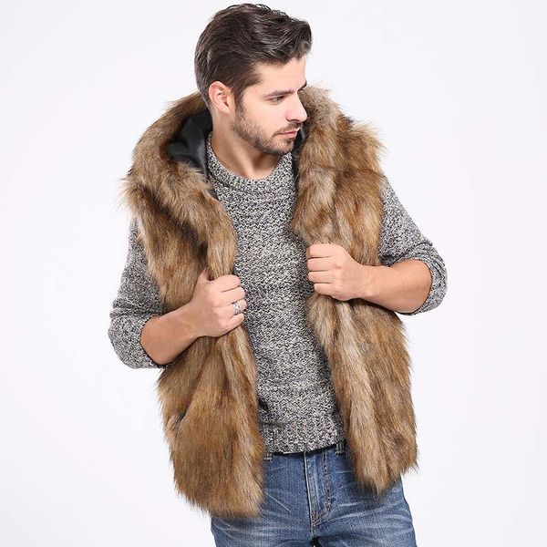 Men&#039;s Vests Winter Thicken Warm Men Hairy Faux Fur Vest Hoodie Hooded Waistcoats Sleeveless Pockets Coat Outerwear Jackets Plus 3X 6Q20