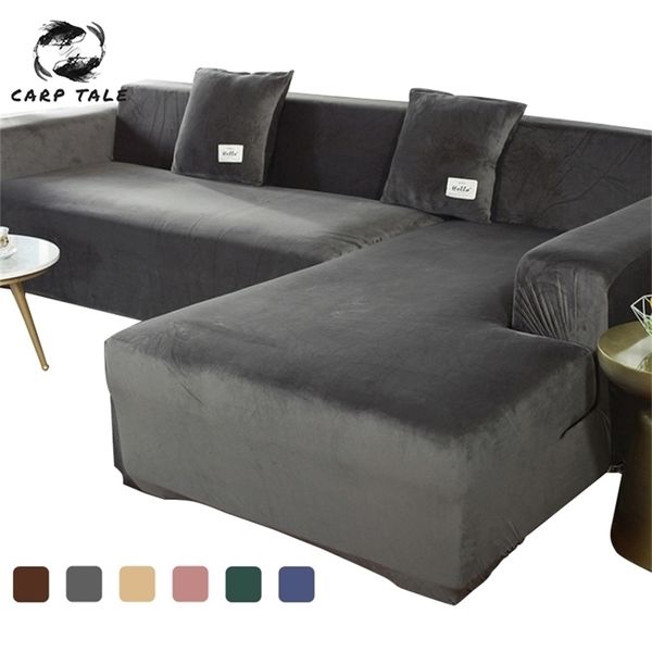 Velvet Plush L Shaped Sofa Covers for Living Room Elastic Furniture Couch Slipcover Chaise Longue Corner Cover Stretch 211116