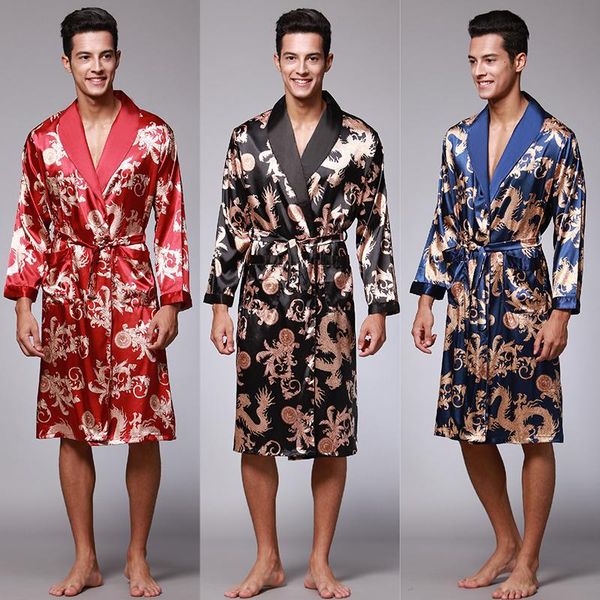 Men&#039;s Sleepwear Men Women Satin Silk Robe Casual Kimono Bathrobe Gown Long Sleeve Nightgown Lounge Wear Nightwear Soft Homewear Couple