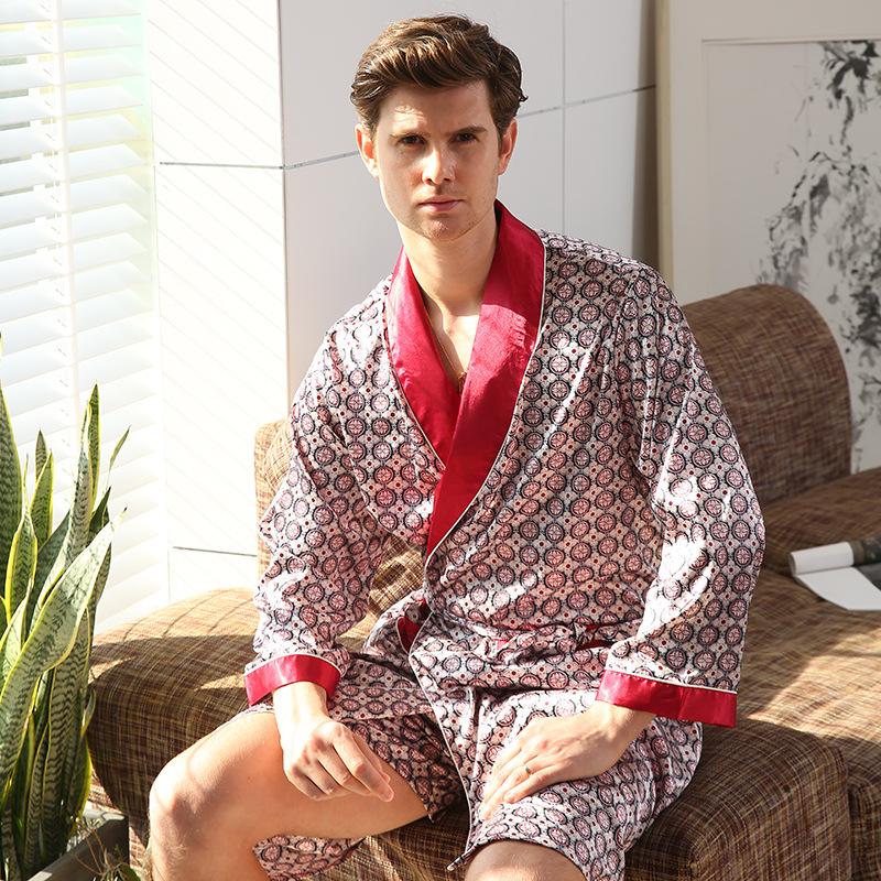 Men&#039;s Sleepwear Men Kimono Home Silk Bathrobe Soft Cozy Thin Long-sleeved Bath Gown Emulation Shorts Suit Large Size M-5XL