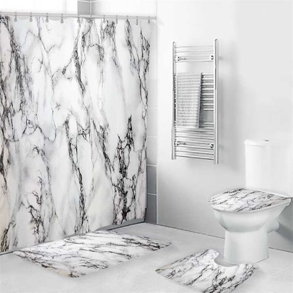 Marble Printing Bathroom Curtain Shower with Hook Waterproof Curtains Set Non-slip Rugs Toilet Lid Cover Bath Mat Home Decor 211130