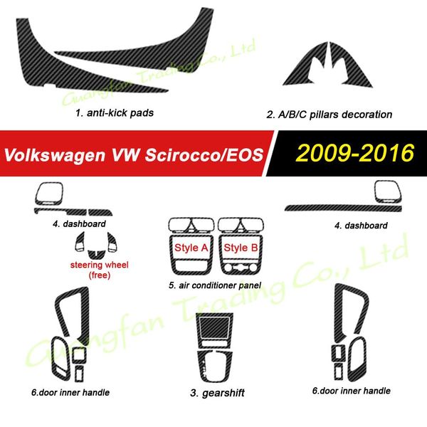 For Volkswagen Scirocco Year 2009-2014 Interior Central Control Panel Door Handle 3D-5D Carbon Fiber Stickers Decals Car styling Accessorie