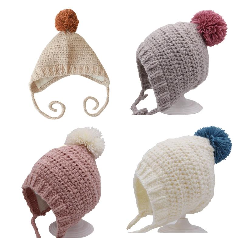 Caps & Hats Soft Knitted Wool Baby Hat Cute Pompom Kids Cap Ear Protection Bonnet Winter Warm Thicken Infants Toddlers Beanie