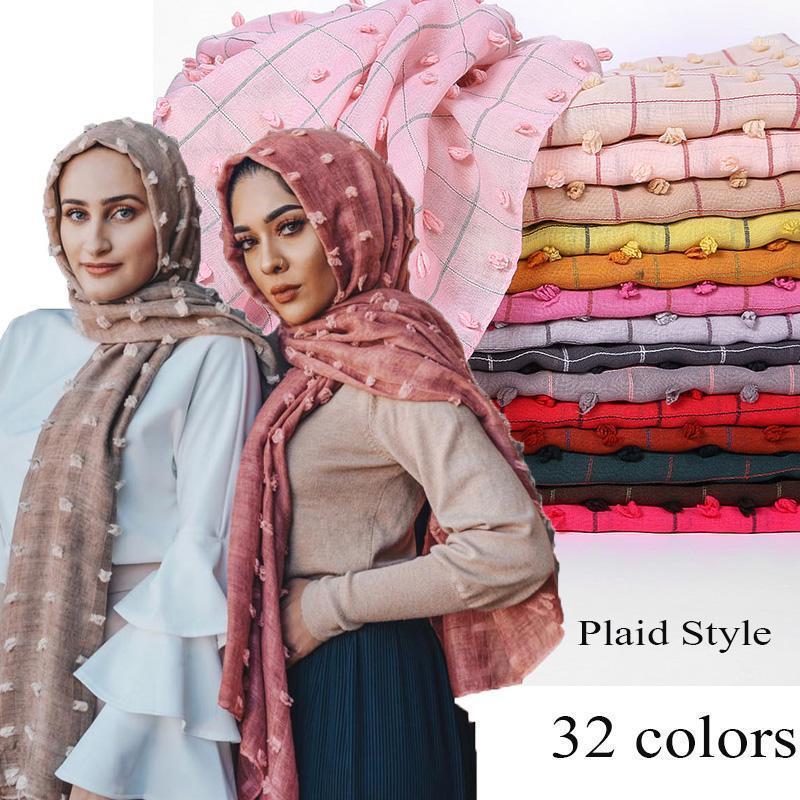 Plain Turkish Style Pom Cotton Hijab Scarf Muslim Shawl Solid Color Plaid Headband Wrap Turban Shawls Scarves 10PCS-Lot1