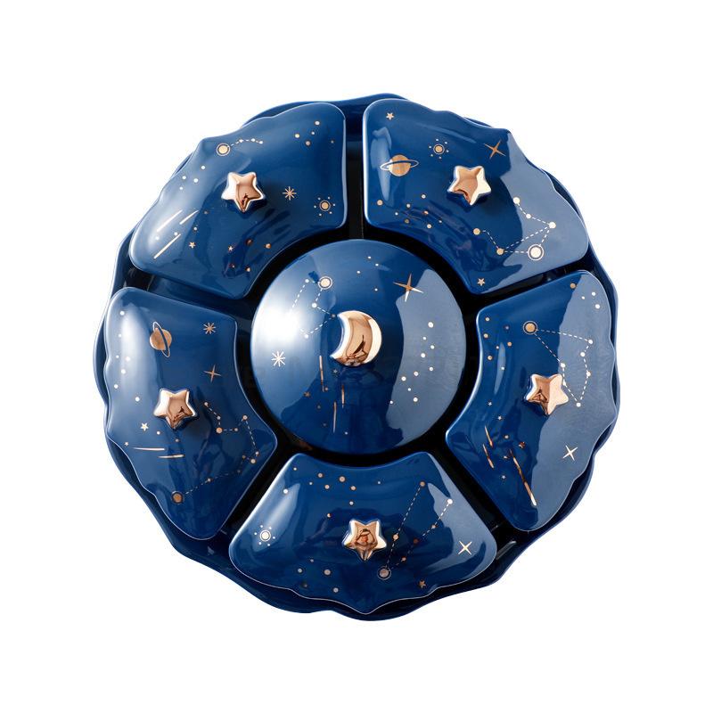 Dishes & Plates Rotatable Creative Ceramic Dried Fruit Plate Starry Sky 6-grid Lid Snack Dessert Tray Trinket Dish Cute