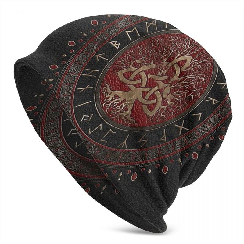 Berets Bonnet Hats Vikings Men Women&#039;s Knitting Hat Tree Of With Triquetra Black Red Leather And Gold Winter Warm Cap Beanies Caps