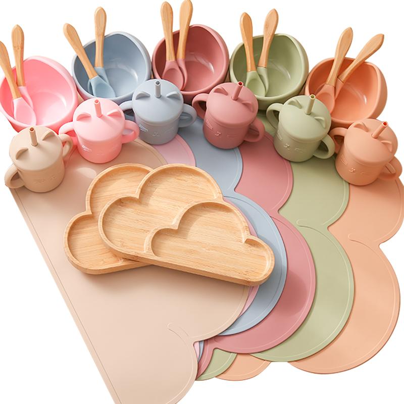 Cups, Dishes & Utensils 6Pcs Wooden Clouds Dinner Plate Silicone Baby Feeding Set Supplies Kids Bamboo Dinnerware Tableware Gift