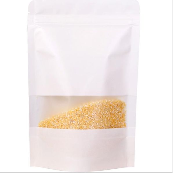 12x20cm White Stand Kraft Paper Window Frosted Showcase Packaging Bags Candy Snacks Pastry Zip Reusable Heat Sealing Food Package