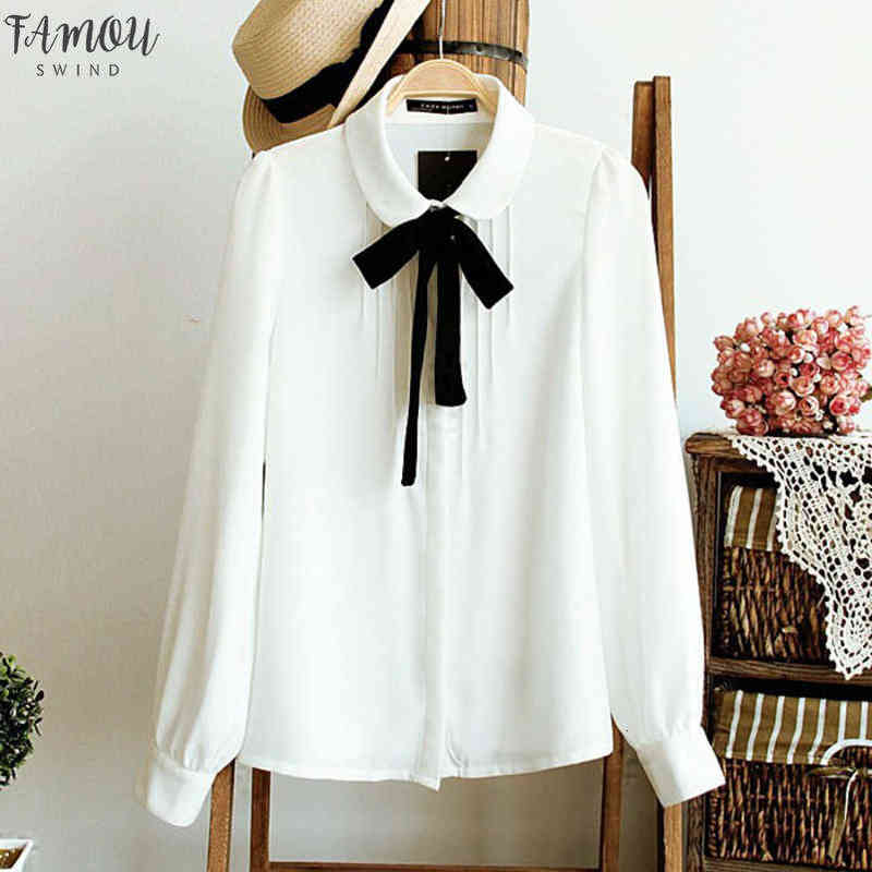 White Blouses Chiffon Peter Pan Collar Casual Shirt Ladies Tops School Blouse 2 Style Female Elegant Black Bow Tie