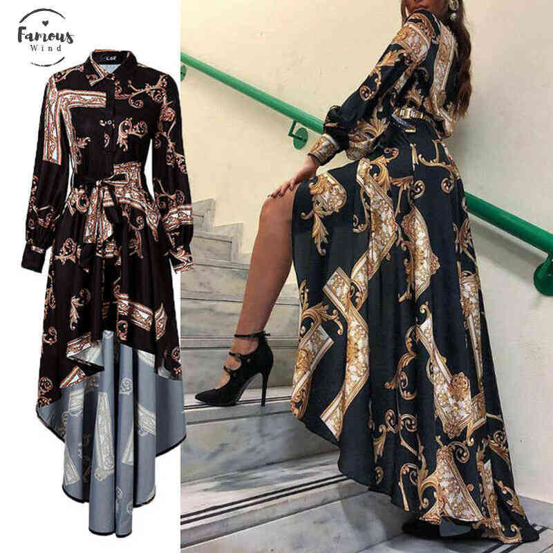Baroque Women dresses Long Sleeve Boho Floral Lapel Neck Baggy Casual Maxi Dress Sundress Party Dres