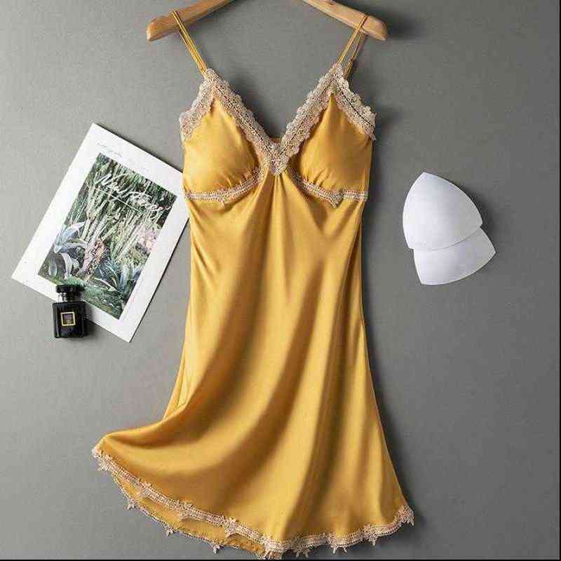 Chemise Nightgown Satin V neck Women Sleepwear Nightdress Suspender Lace Trim Casual Summer Dressing Gown Thin Intimate Lingerie