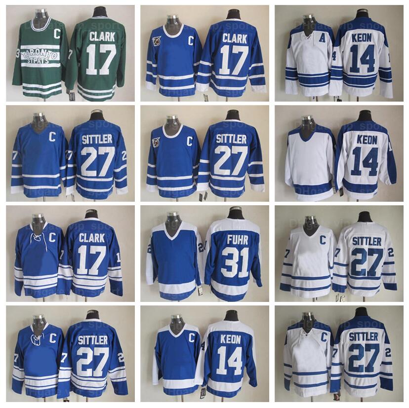 Vintage Classic Ice Hockey 31 Grant Fuhr Jersey Men 14 Dave Keon 17 Wendel Clark 27 Darryl Sittler Blue White Color Away Embroidery And Sewing For S