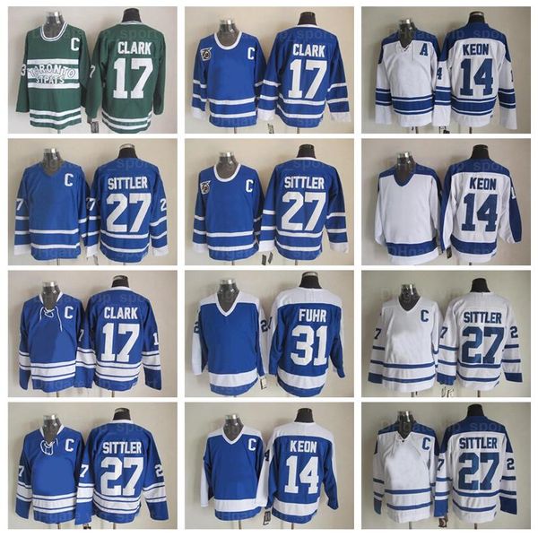 Vintage Classic Ice Hockey 31 Grant Fuhr Jersey Men 14 Dave Keon 17 Wendel Clark 27 Darryl Sittler Blue White Color Away Embroidery And Sewi