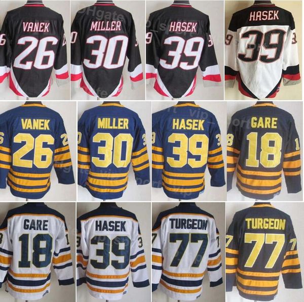 Men Ice Hockey Vintage Retro 30 Ryan Miller Jersey CCM 77 Pierre Turgeon 39 Dominic Hasek 26 Thoma Vanek 18 Danny Gare 16 Pat LaFontaine 10