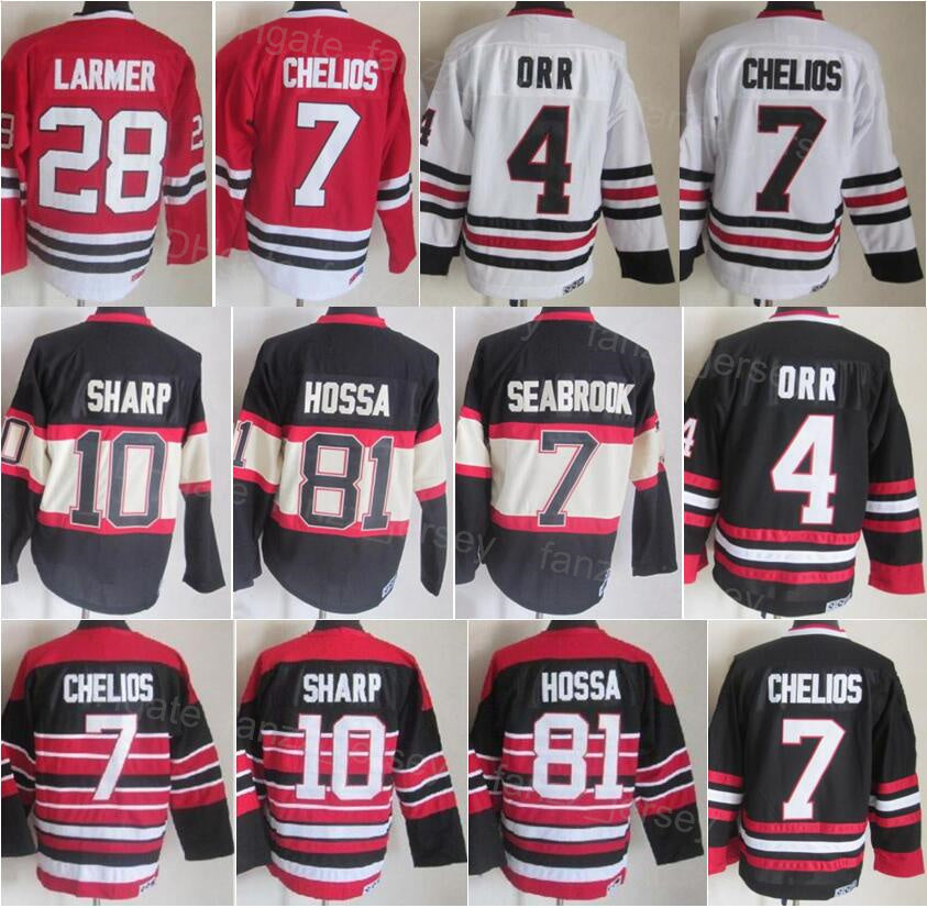 Men Vintage Ice Hockey Retro 10 Patrick Sharp Jerseys 81 Marian Hossa 28 Steve Larmer 4 Bobby Orr 7 Chris Chelios 88 Patrick Kane All Stitched Black