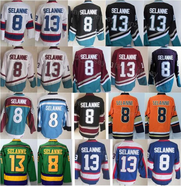 Men Ice Hockey Vintage 13 8 Teemu Selanne Retro Jersey Home Away Black White Blue Green Orange Red Mighty Purple For Sport Fans Embroidery A