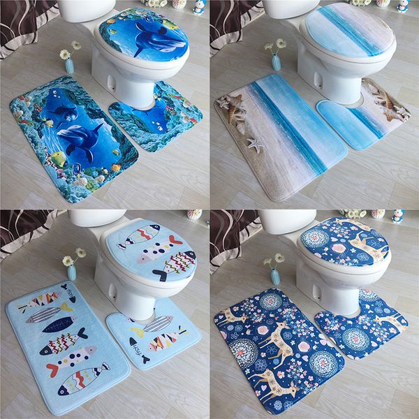 multiple styles finished flannel printed floor mat toilet seat cover carpet bathroom nonslip mat threepiece set foot mats wholesale custom l
