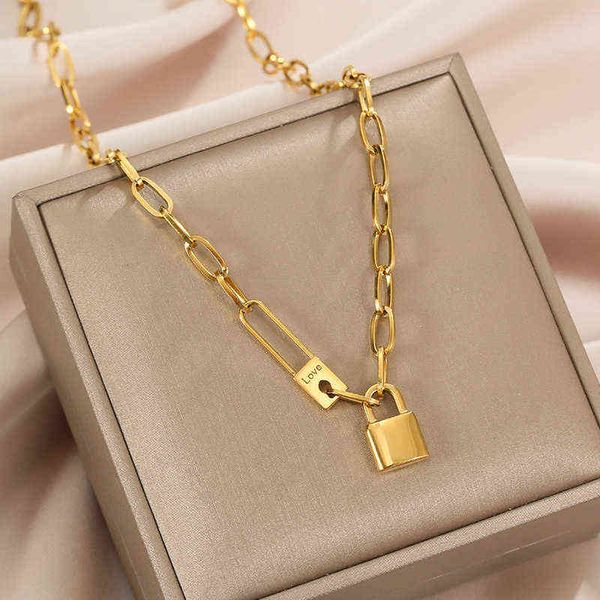 100% Stainless Steel lock catch Necklace For Women Gold Color Metal Lock Chunky Heavy Duty Chain Choker AA220315
