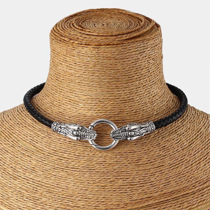 Genuine Leather Choker Necklace Dragon Collar - Choker With Black Braided Leather 13&quot;-17&quot;