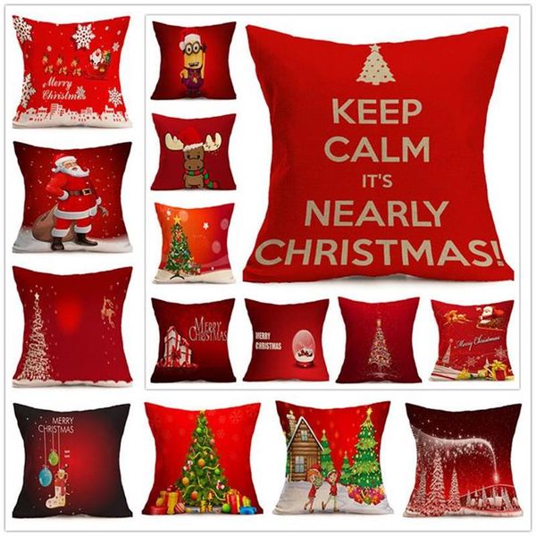 45*45cm Holiday Christmas Red Pillow Cases Elk Reindeer Santa Claus Decorative Pillow Case Letter Printed Linen Throw Pillow Case