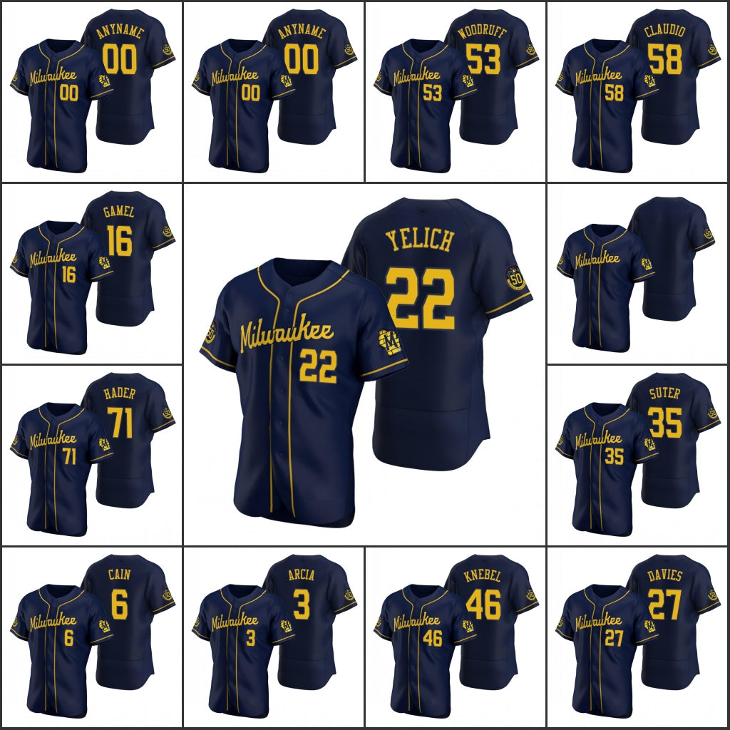 2020 Men Custom Women Youth Milwaukee&#132;Brewers #22 Christian Yelich 52 Jimmy Nelson 27 Zach Davies Navy Authentic Jersey