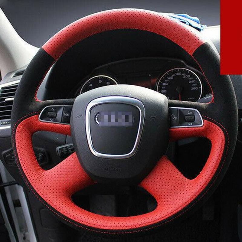 DIY Hand-stitched Black Red leather Steering Wheel Cover For Audi Q5Anti-slip fit all season car accessories