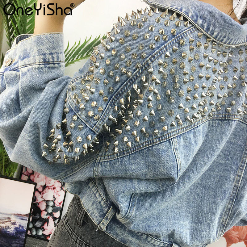 New Rivet Women&#039;s Denim Jacket Spring Autumn Cowboy Outerwear Tops Loose Streetwear Lady Short Jeans Coat 21114