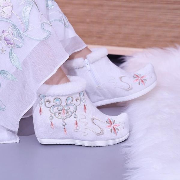 womens embroidery ankle boots hanfu fur liner warm snow winter hidden heel chipao shoes chinese styles black white new
