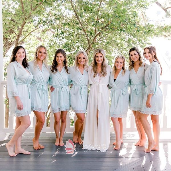 Pale Blue V Neck 3-4 Sleeve Short Sash Bridemaid Wedding Robes Women Ladies Bothrobe Nightgonws Sleepwear