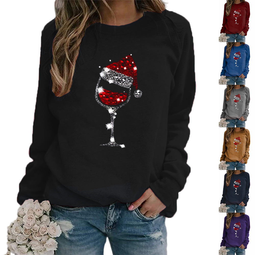 Women Christmas Hat Red Wine Glass Print Sweatshirts Autumn Winter Long Sleeve Round Neck Sweatshirt Tops womens Pullover Hooded T-Shirts