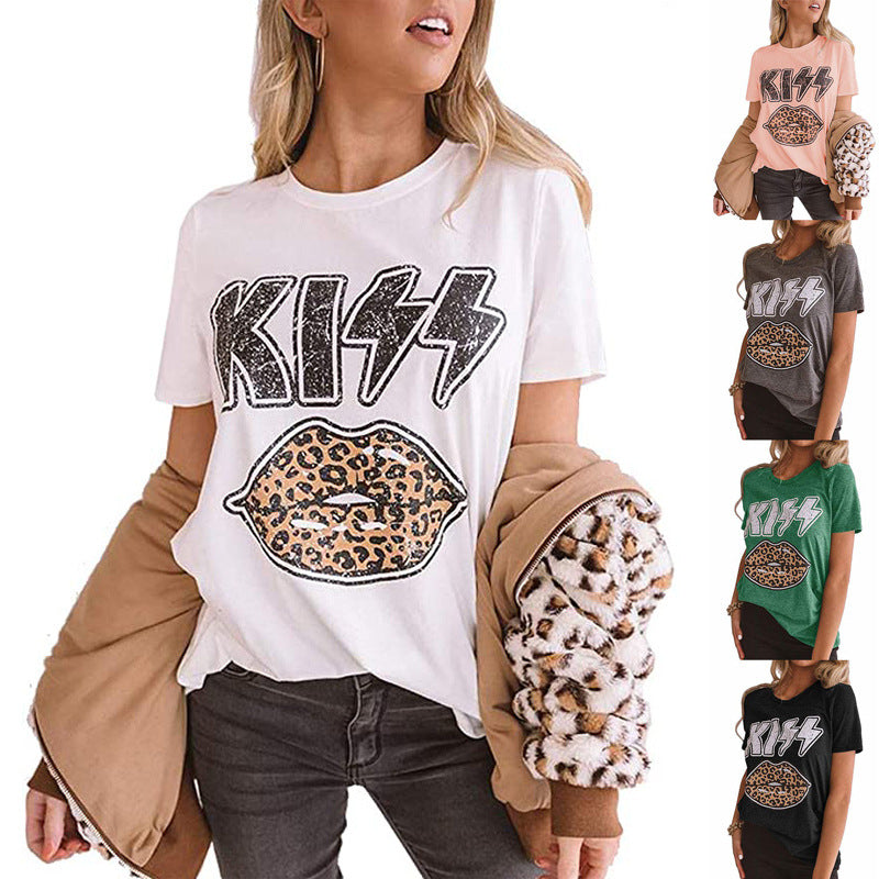 Women Summer Tshirt Designer Kiss Lips Print Letter T Shirts Short Sleeved Tees Crew Neck Leopard Shirt Womens Blouse Concise Blouses Tops