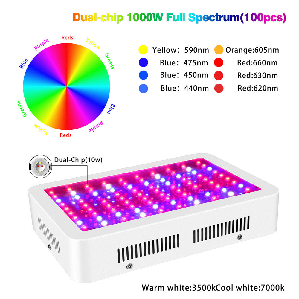 1000W Dual Chips 380-730nm Full Light Spectrum LED Plant Growth Lamp White Energy Saving Indoor Light
