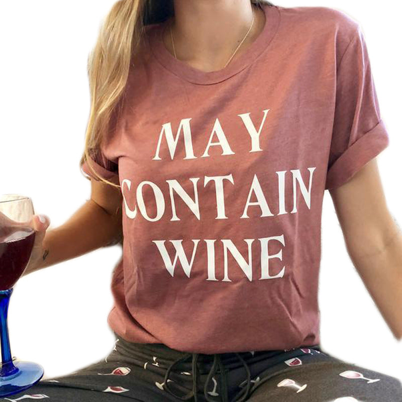 Womens Designer MAY CONTAIN WINE Print T-shirt Summer Short Sleeve Crew Neck Leopard T-shirt Blouse Shirts Women Tops Tees S-2XL 2 Styles