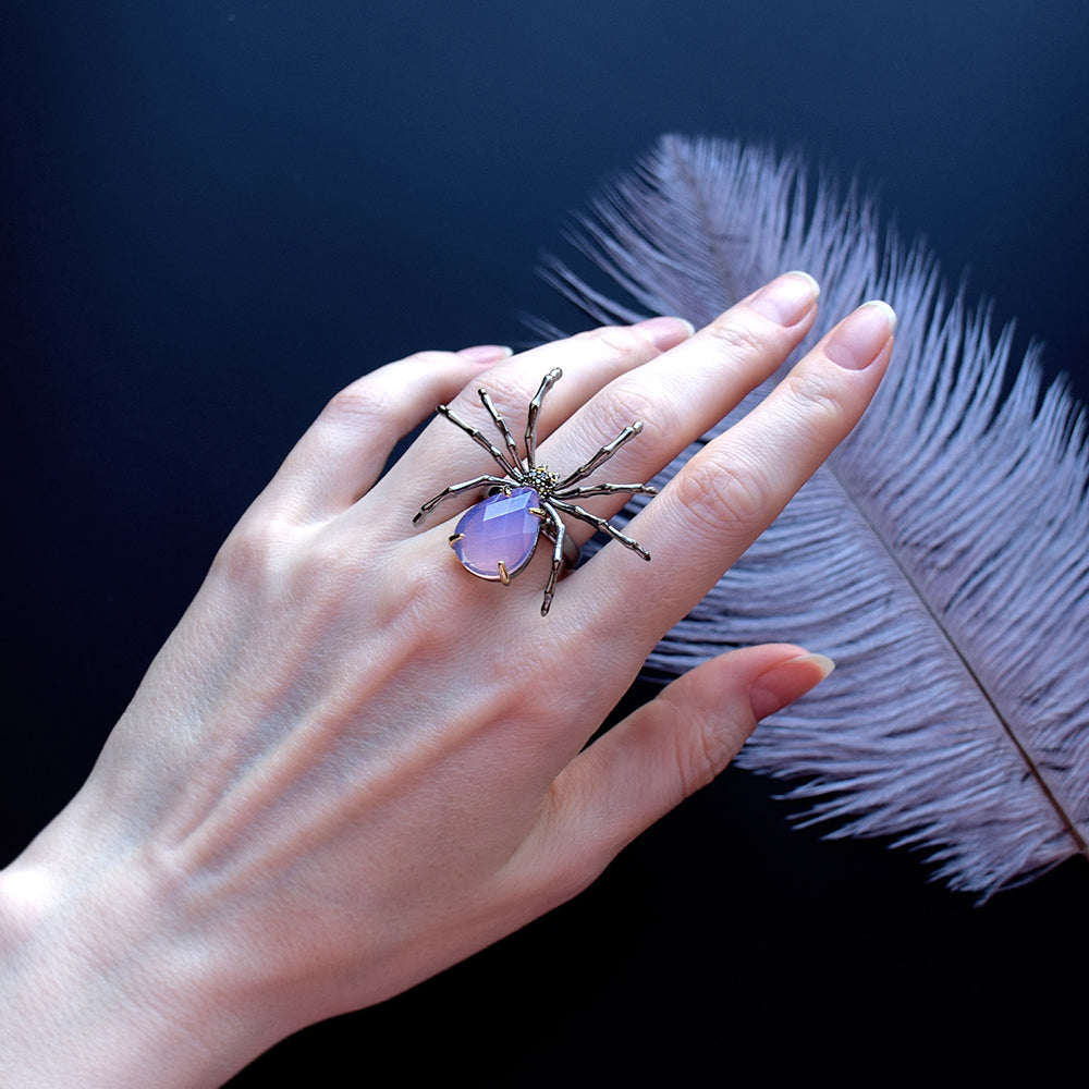 Big Spider Ring Pink Teardrop stones Brass Crystal Jewellery Black 2 Tone Plating Cool Animal Rings for women