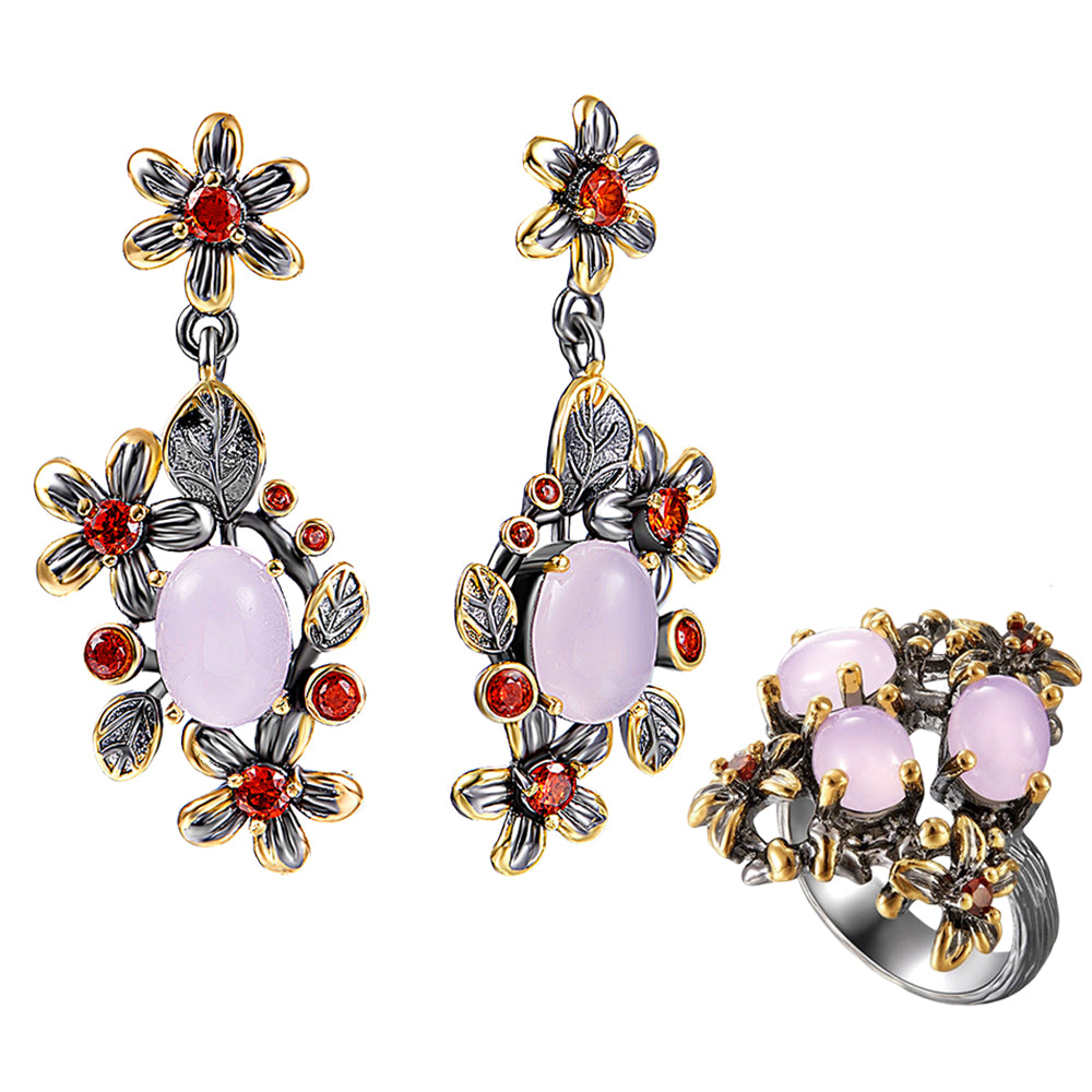 Beautiful Pink Red Crystal Earrings Ring Jewellery Flower Vintage Black-Gold Color Statement 2pcs Jewelry Sets