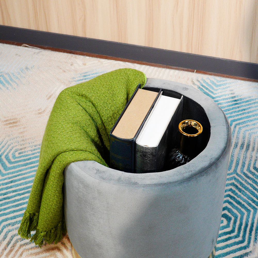 wholesale round velvet Living Room Furniture fabric with gold metal base pouffe ottoman durable and safe storage footstool