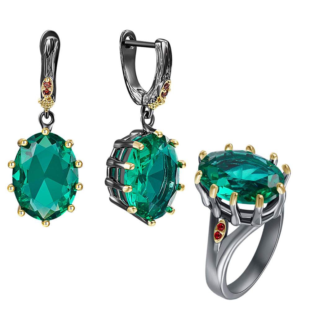 Beautiful Christmas Gift DK Green Earrings Ring Jewellery Setting Big Oval Stone Statement 2pcs Jewelry Sets