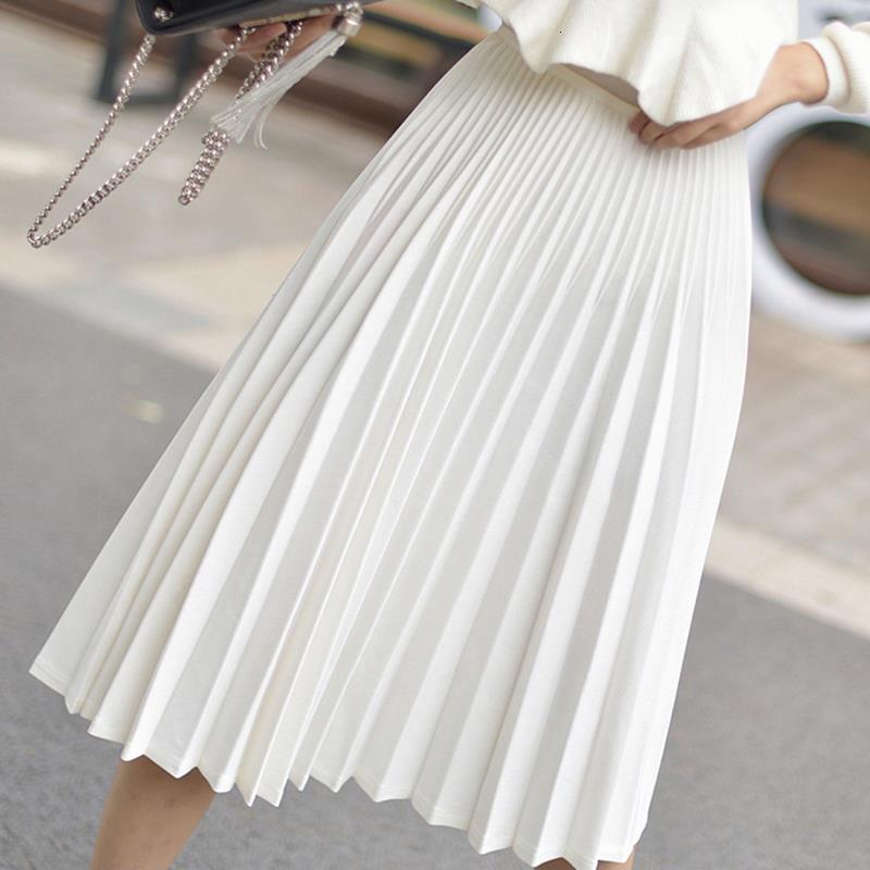 Elegant White Pleated Skirts Women Fashion High Waist Midi Skirt Female A-Line Womens Jupe