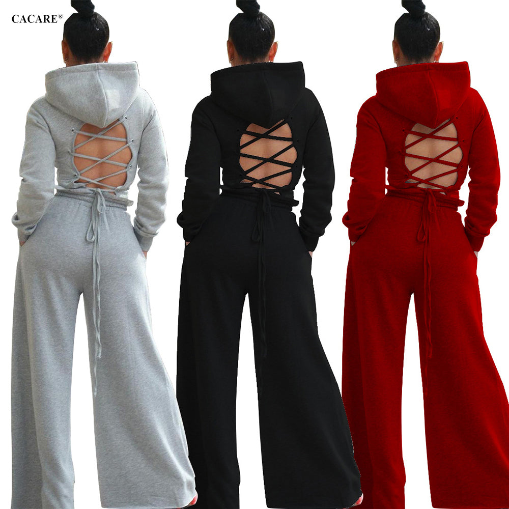 Hoodie 2 Piece Pants Sets Women Autumn Set Women 2 Piece Outfits Tracksuit Top and Pants Sweatsuits F0146 Backless Wide Leg