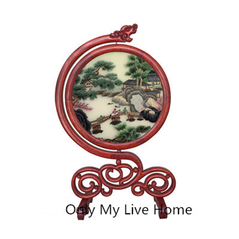 Chinese Style Office Home Desk Decoration Ornaments Handwork Silk Embroidery Double -side Pattern Bubinga Wood Frame Wedding Birthday Gifts